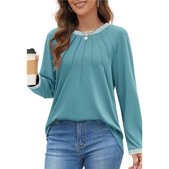 Women's 2024 Fall Long Sleeve Pleated Color Block Casual‎ Loose Tee Shirt, Blue - Picture 1 of 7